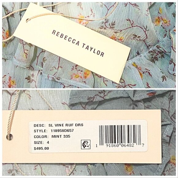Rebecca Taylor Ruffle Trimmed Floral Vine Silk Mini Dress, in Mint, Size 4, NWT - Picture 5 of 15